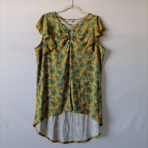 Cato Womens Yellow Keyhole Round Neck Floral Hi Low Hem Blouse Top Size XL - Picture 1 of 7